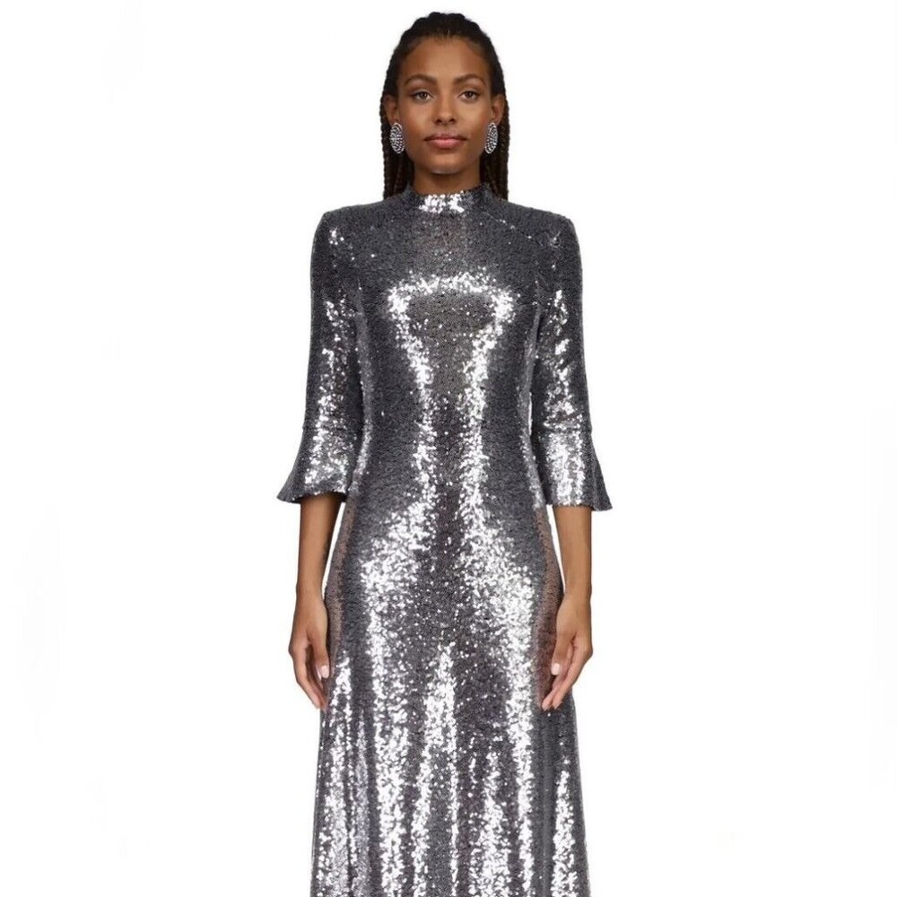 NWT $695 HVN Silver Sequin Long Ashley Dress Size 10